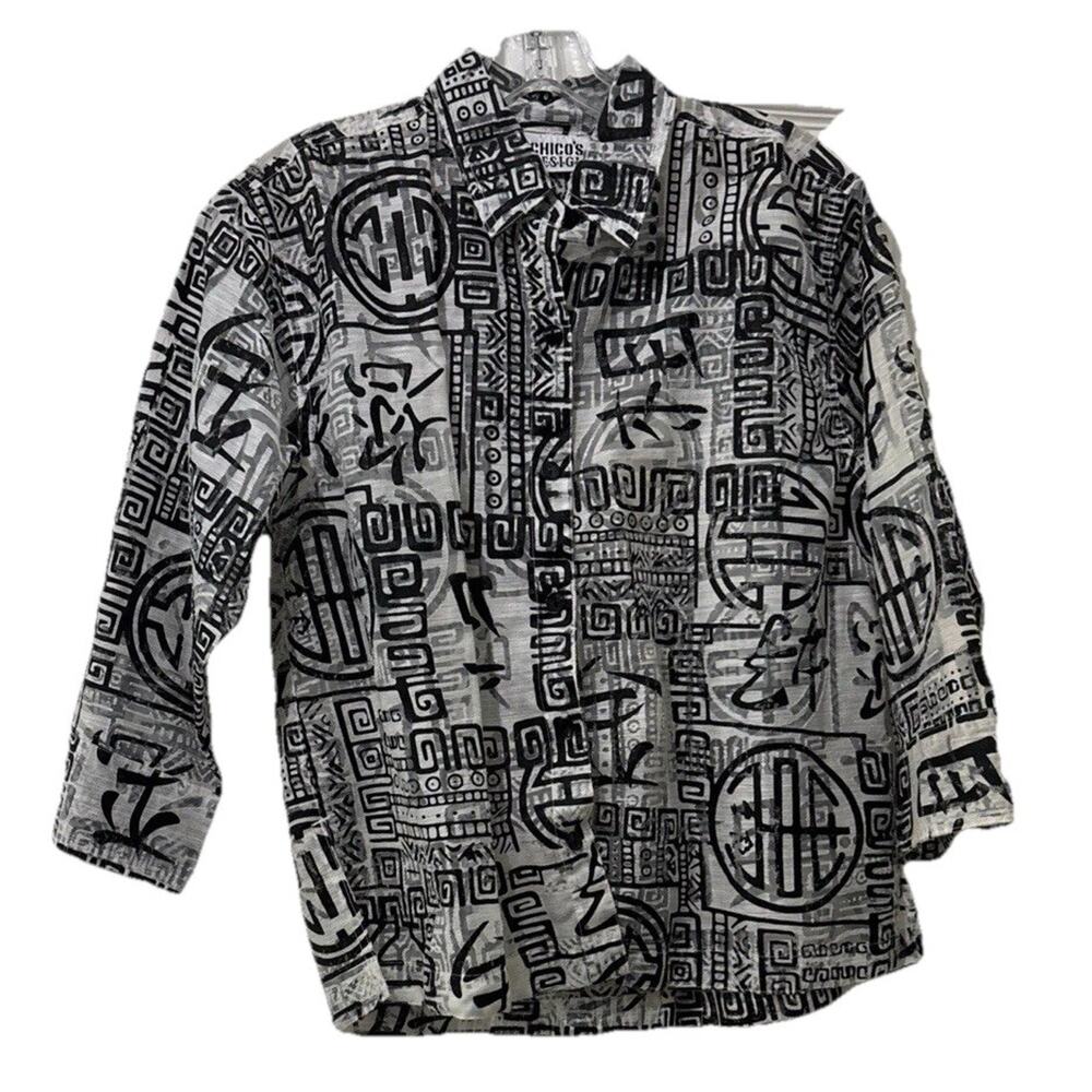 Chicos Button Up Top Linen Blend Black White Asian Print Semi Sheer Size 0/S